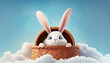 Cute cartoon bunny sitting in a basket with easter eggs on a white cloud sky background. Spring holiday design