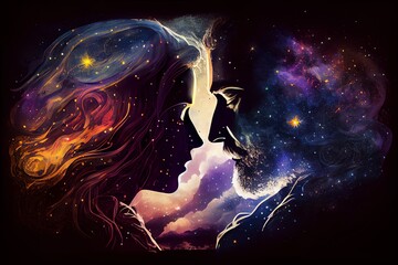Wall Mural - couple in love, magic cosmic view of man and woman at night, illustration. generative ai