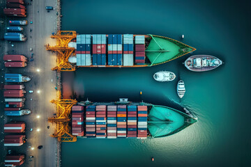 Aerial Shot with the container cargo ship at sea or ocean. Logistic goods transport import and export goods transport in containers with the container ship. AI generated illustration.