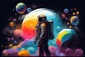Wall Mural - beautiful painting of an astronaut in in a colorful bubbles galaxy on a different planet. pop art co