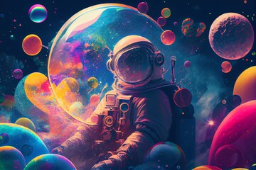 Wall Mural - beautiful painting of an astronaut in in a colorful bubbles galaxy on a different planet. pop art co