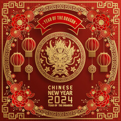 Poster - Happy chinese new year 2024 year of the chinese dragon zodiac with on color Background. ( Translation : happy new year, chinese dragon )