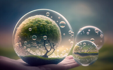 Wall Mural - Environment concept with sphere. Environment enclosed in bubbles. It is meant to depict the vulnerability of nature. Protect and take care of your environment. AI generated illustration.