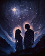 A man and woman gaze up into a starfilled sky their embraced silhouettes in awe of the astrological signs. Zodiac Astrology concept. AI generation.