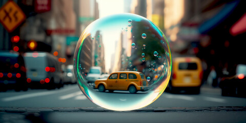 Wall Mural - a colorful soap bubble floating on the street of a big city. focus on the bubble, a yellow cab in th