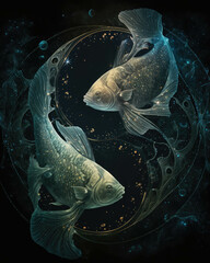 A gauzy underworld of deep dreams two fish encircled by the arms of a constellation. Zodiac Astrology concept. AI generation.