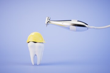 dental treatment concept. a tooth in a protective helmet next to the tip with boron on a blue background. 3D render