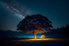 Small Tree Glows At Night Under A Big Tree. Generative Ai
