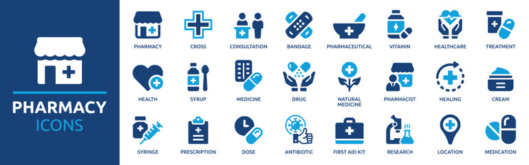pharmacy icon set. medicine, bandage, medication, prescription, treatment, health and syringe symbol