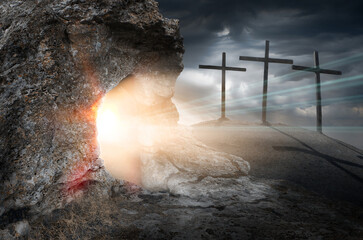 Three wooden crosses on a hill in the morning. Concept of Crucifixion on Mount Golgotha, resurrection of Jesus Christ. Christian Easter holiday symbol, Calvary