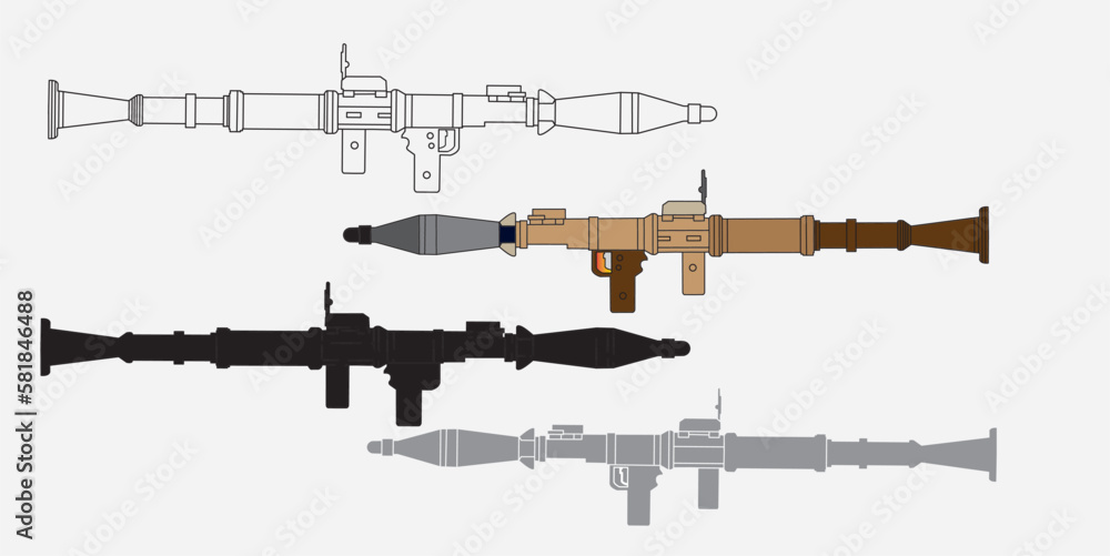 rpg gun Rocket launcher with missiles. Game resources. Vector color and contour clip art illustration isolated on white
