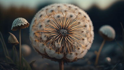 Wall Mural - Pusteblume, Delicate dandelion on dark background, generative ai