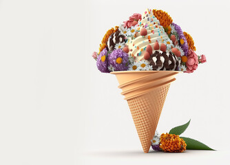 Wall Mural - illustrazione di surreale cono gelato con al posto del gelato dei fiori, concetto di primavera da gustare, creato con intelligenza artificiale