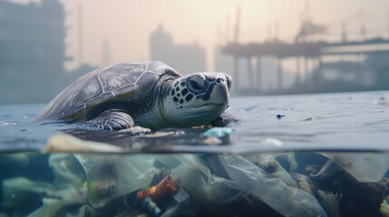 Wall Mural - Turtle in polluted water. Ecological concept, pollution problem. Based on Generative AI