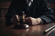 © AI BLONDY - Judge with gavel at wooden table indoors closeup, generative ai