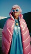an older woman with a pink and blue outfit, sunglasses and a pink rain coat