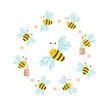 © Natalia - Set of cute bees with funny faces, carrying barrels of honey. Bee swarm in circle shape, wild flowers on white background.  Vector children's illustration in cartoon style for print, bee farm logo.