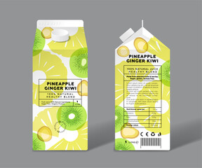 Wall Mural - Pineapple, Kiwi and Ginger juice. Detox, healthy mix. Template packaging design. Transparent fruits and slices.