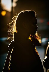 Wall Mural - a woman stands in front of a building at night, and lights are glowing behind