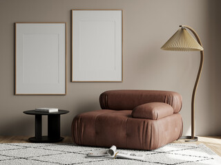 Sticker - Frame mockup in modern living room interior, two frames on the wall, 3d render