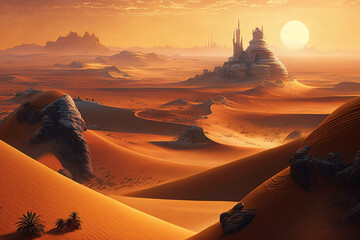 Poster - A sprawling desert with towering sand dunes Generative AI