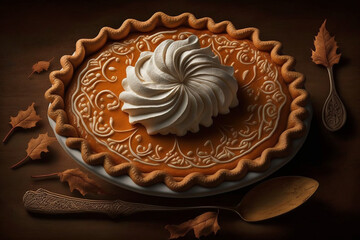 Wall Mural - Pumpkin Pie with Whipped Cream Generative AI