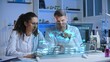 © Synthex🇺🇦 - Team of lab scientists examining cell mutation on holographic screen, research