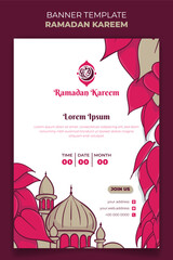 Wall Mural - Feminine background for ramadan kareem template with mosque and pink leaves background