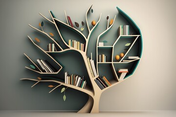 Wall Mural - Bookshelf that is shaped like a tree with branches and leaves that hold books and other objects, concept of Organic Storage and Functional Art, created with Generative AI technology