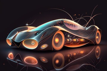Car that looks like a futuristic spaceship with sleek metallic curves and glowing lights, concept of Sci-Fi and Futurism, created with Generative AI technology