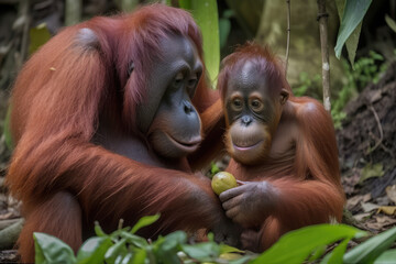 Wall Mural - Sumatran orangutan (Pongo abelii) feeding her baby some food