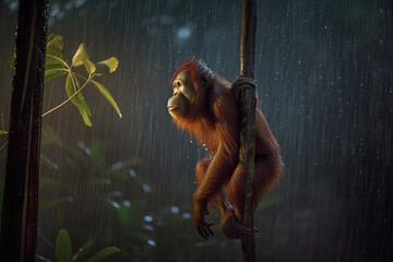 Wall Mural - Sumatran orangutan (Pongo abelii) swinging on the branches under a heavy rain at night during storm bright lighting AI Generated