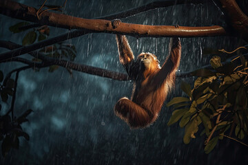 Wall Mural - Sumatran orangutan (Pongo abelii) swinging on the branches under a heavy rain at night during storm bright lighting AI Generated