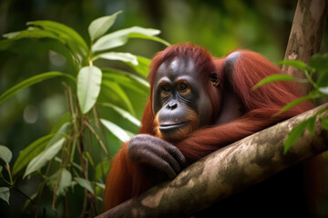 Wall Mural - Sumatran orangutan (Pongo abelii) swinging on the branches under a heavy rain at night during storm bright lighting AI Generated