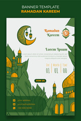 Wall Mural - Ramadan kareem banner template in portrait with mosque and crescent moon in green leaves background