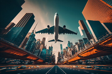 Poster -  A commercial plane landing in a vibrant city Generative AI