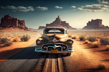 Poster - An old and classic car on a deserted road Generative AI