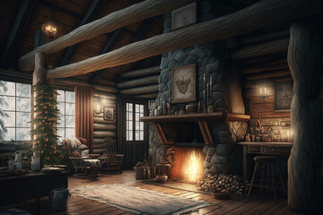 Canvas Print - A rustic log cabin with a cozy fireplace and wooden Generative AI