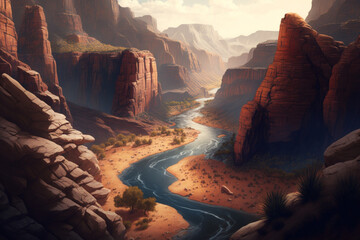 Canvas Print - A scenic canyon with red rocks and winding rivers Generative AI