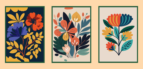 Wall Mural - Vector set of hand drawn floral compositions in pastel colors. Scandinavian style.