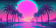 Leinwandbild Motiv Outrun Synthwave style - 1990s retro aesthetic with palm trees and tropical sunset in pink and blue