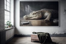 Poster On The Wall Of A Crocodile With A Mouth And Teeth In A Room With Near A Large Window. AI Generated.