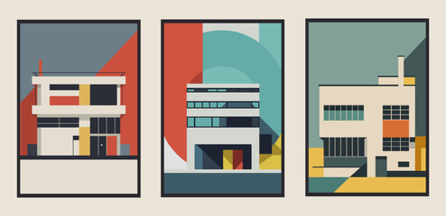 Set of posters with modern buildings in flat style. Vector illustration.