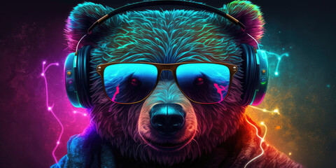 Wall Mural - Cool neon party dj bear in headphones and sunglasses, generative ai	