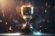 Winner gold trophy with blurred sparks on background. Generative A