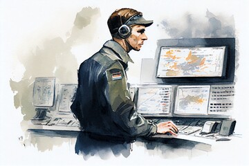 Watercolor Illustration of a RealTime Surveillance, Security Guard Or Officer At Central Control Panel. Generative AI