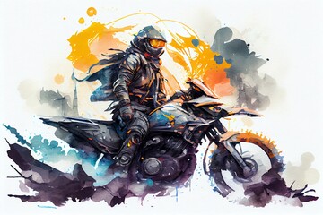 Watercolor Illustration of a Futuristic Biker With His Motorcycle. Generative AI