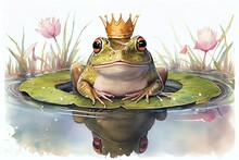 Watercolor Illustration Of A Cute Frog Wearing A Crown On A Lily Pad In The Middle Of A Pond. Generative AI