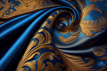 Wall Mural - Luxurious blue brocade fabric embroidered with golden floral patterns, textile background. Generative AI