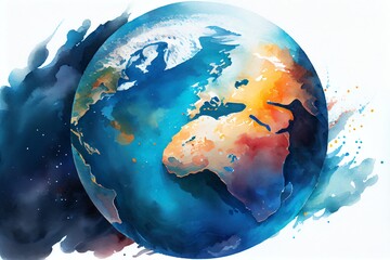 Wall Mural - Watercolor Illustration of a Curvature Of Planet Earth. Aerial View Of Blue Planet From Space. Sunrise Over Globe Land And Ocean. Generative AI
